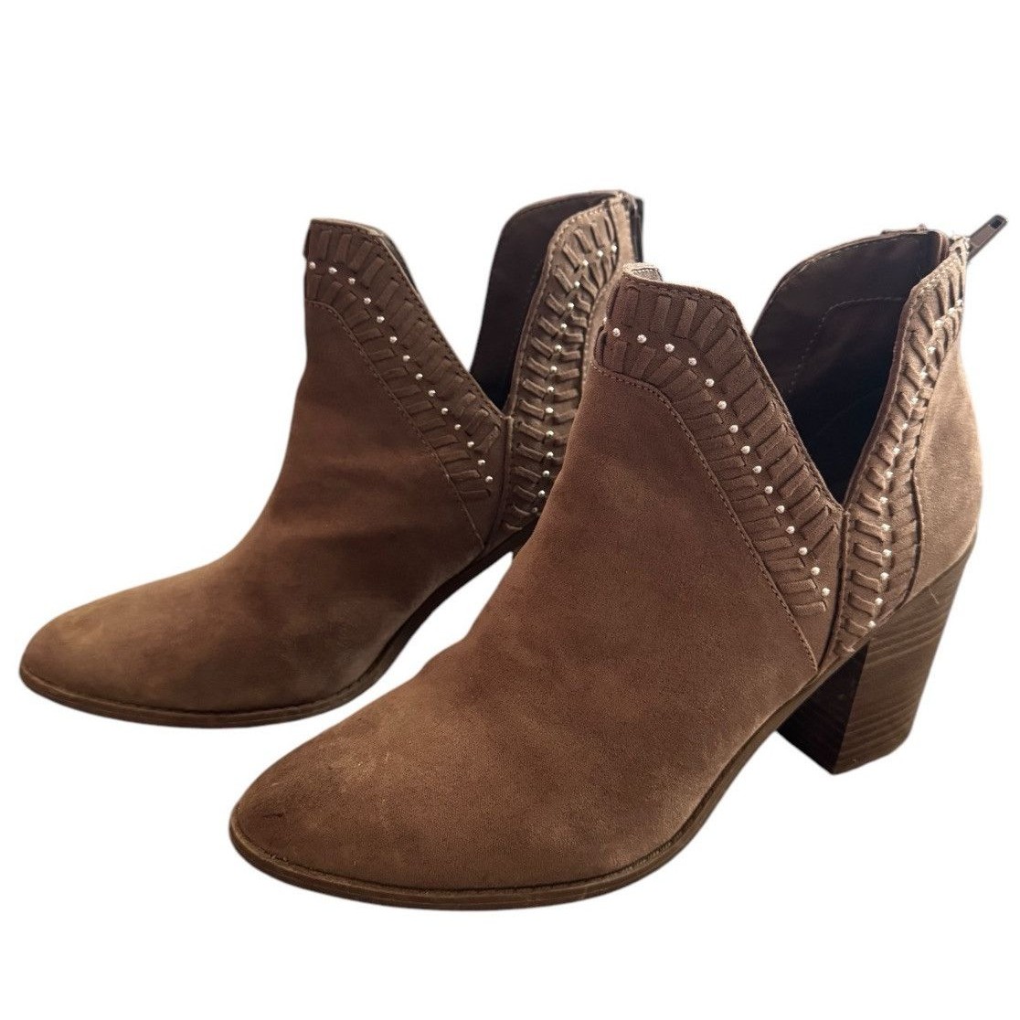 Womens Beige Suede Cutout Ankle Booties Block Heel, Report Sz 10 Studded Cowgirl